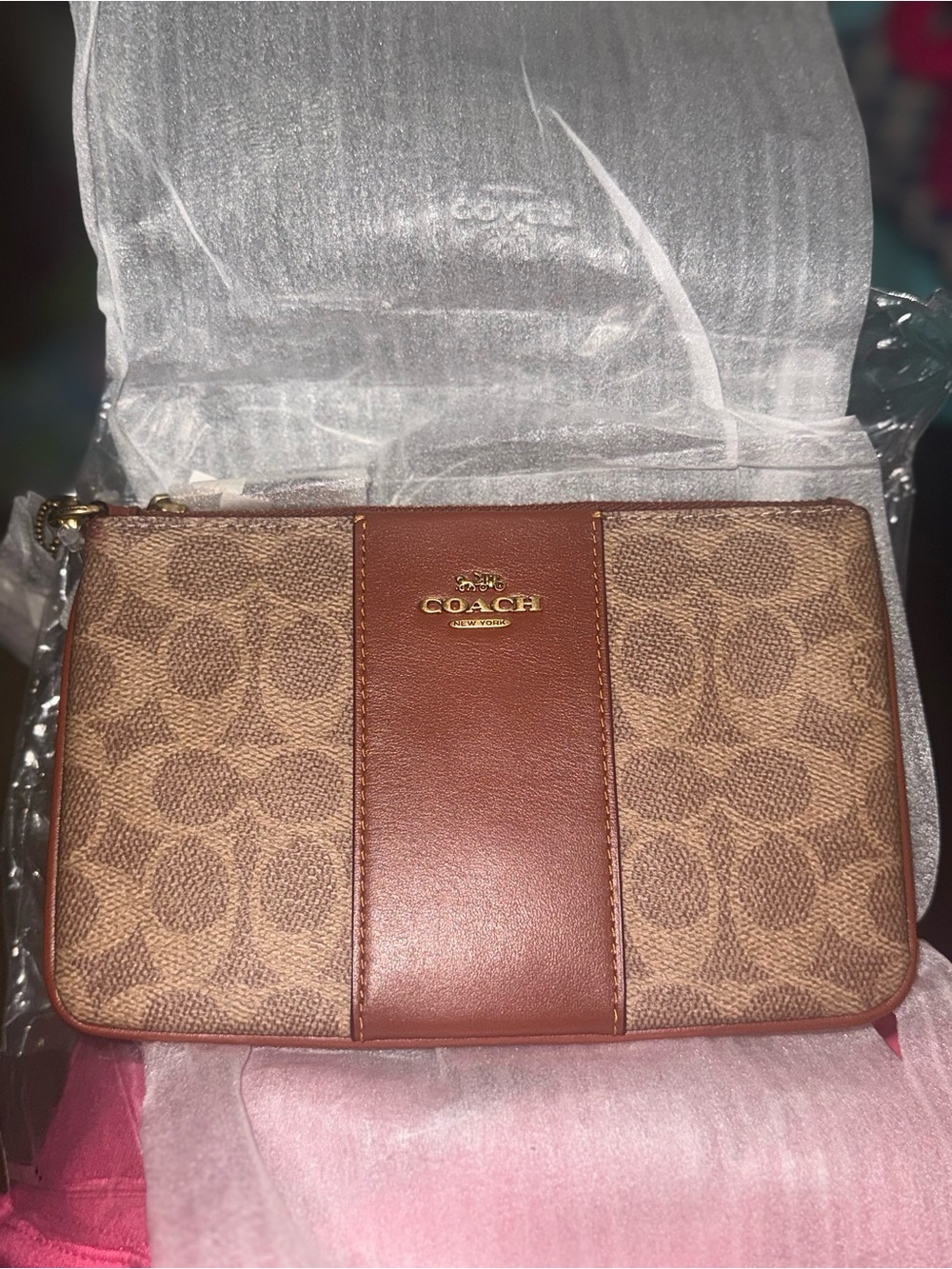 Coach Brown Signature Canvas and Leather Wristlet Pouch NWT